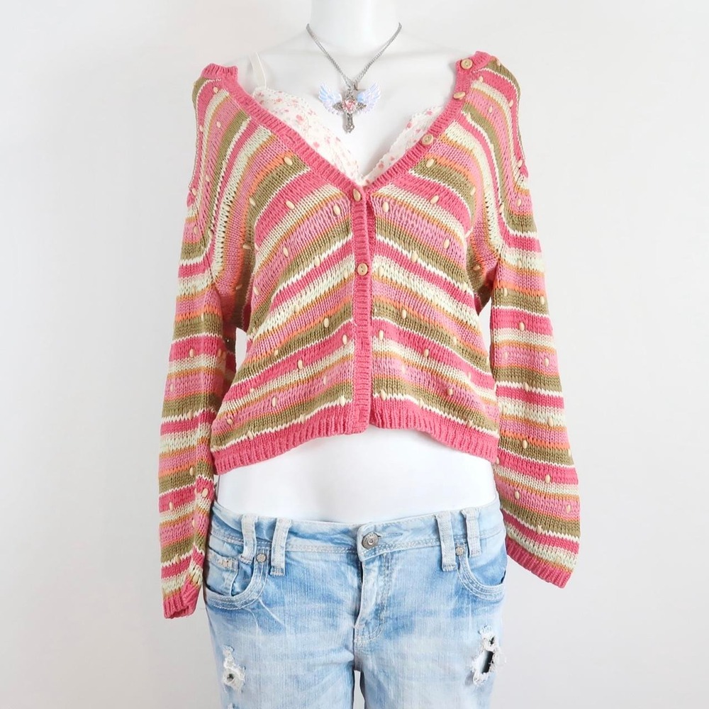 talbots petites pink striped knit cardigan y2k style